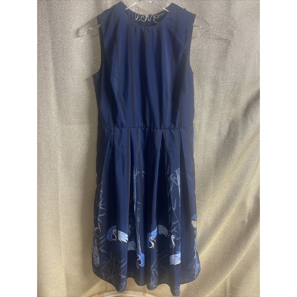 Eshakti Asian Print Sleeveless Pocket Dress Sz Navy Small 6 (missing belt)